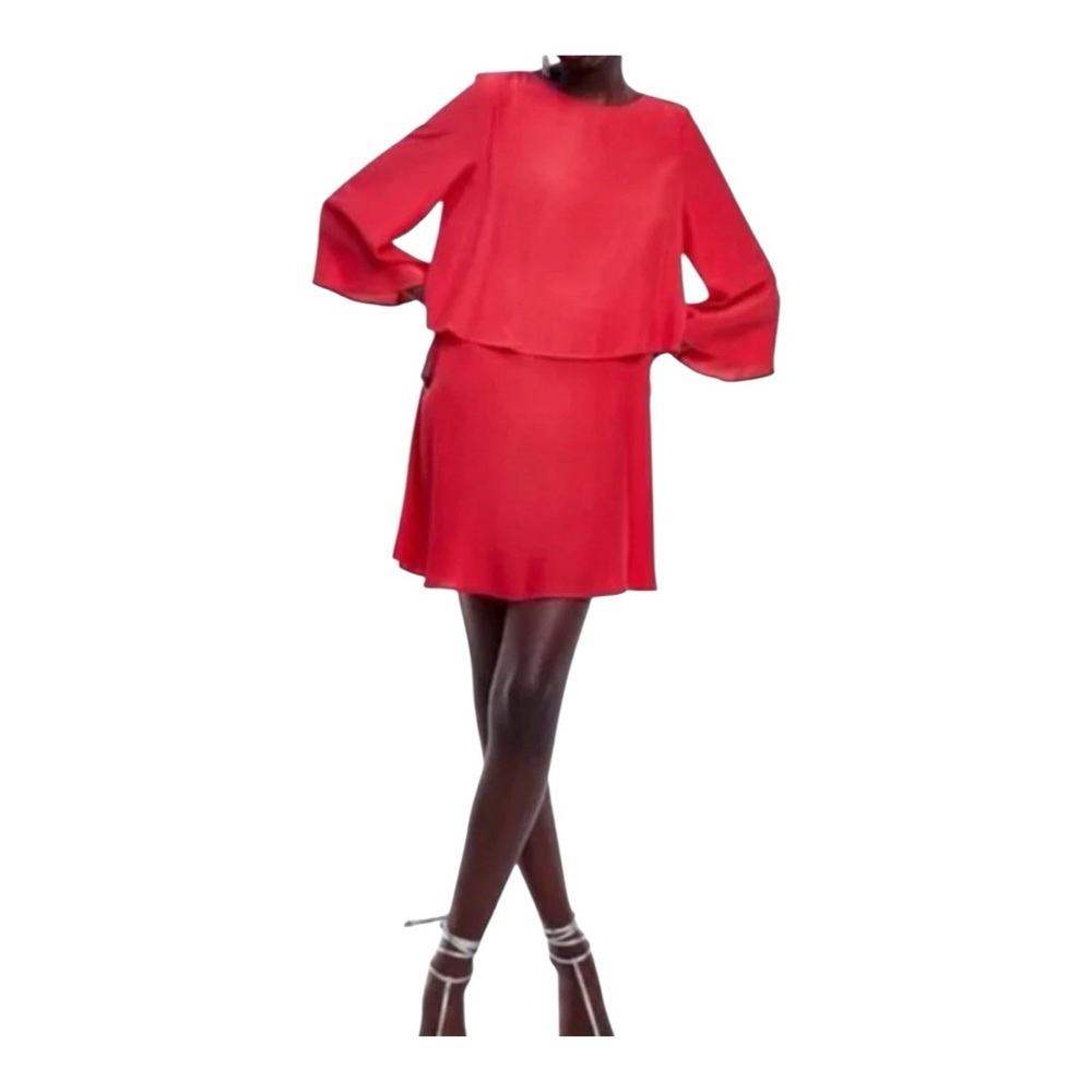 Zara Women's Cape Sleeve Mini Dress Size S Red Tiered Long Sleeve Classy Chic
